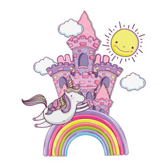 Poster - beautiful fairytale castle with rainbow and unicorn