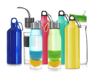 Poster - Set with different sport bottles on white background