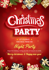 Wall Mural - merry christmas party and greeting card on red background invitation theme concept. happy holiday de