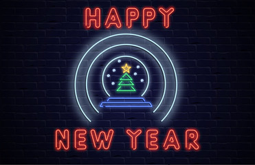 Happy New Year neon luminous poster with snowball with Christmas tree on brick background.