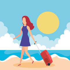 Sticker - tourist girl with suitcase on the beach