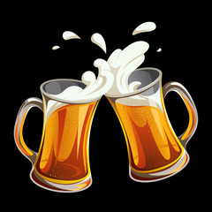 Illustration of two glass toasting mugs with beer on black background. Cheers beer glasses. Print, template, design element.