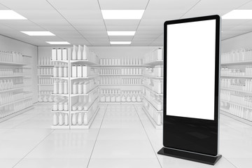 Poster - Blank Trade Show LCD Screen Stand as Template for Your Design near Market Shelving Rack with Blank Products or Goods in Clay Style as Supermarket Interior. 3d Rendering