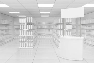 Poster - Blank Advertising Promotion Banner Stand near Market Shelving Rack with Blank Products or Goods in Clay Style as Supermarket Interior. 3d Rendering