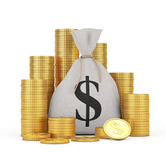 Aufkleber - Money Bag with Dollars Gold Coins. 3d Rendering
