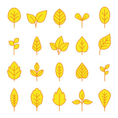 Line leaf yellow icons set on white backgound, vector illustration