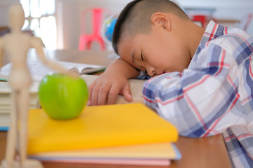 Wall Mural - lazy stressed young little asian kid boy  resting sleeping on desk. child fall asleep. children tired from studying