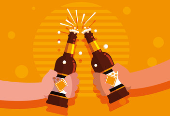 Poster - hands with bottles of beers toast