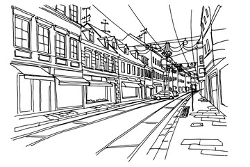 Canvas Print - Hand drawn ink line sketch of street scene in Zagreb, Croatia.