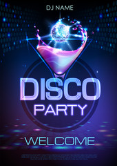 Wall Mural - neon disco cocktail party poster.