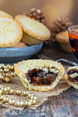 Canvas Print - Traditional Christmas mince pies and mulled wine on wooden table