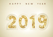 2019 Happy New Year background. Vector holiday greeting card. Festive design with gold confetti iridescent numbers and glare glitter.