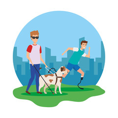 Sticker - blind man with guide dog and man with prosthesis