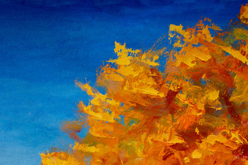 Autumn textural landscape oil painting - autumn trees, autumn park on a blue autumn background