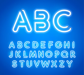 Fototapete - Blue Neon Letters Set. Bright Glowing Font. Latin Alphabet from Luminous Neon Tubes. ABC for Bar, Casino Poster Template. Modern Typography Design.