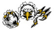 An eagle bird soccer football sports mascot cartoon character ripping through the background holding a ball
