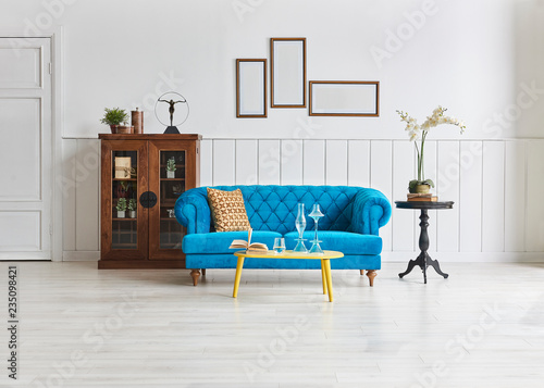Living Room Blue Sofa Yellow Middle Desk And Black Coffee Table