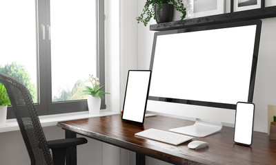 Poster - black and white desktop with three devices showing black screens