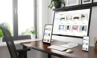 Poster - black and white desktop with three devices showing online shop