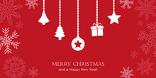 Red Christmas Greeting Card With Snowflake Border And Hanging Decoration Bell Fir Gift Star Vector Illustration EPS10