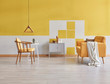 Yellow room, yellow wall wooden chair with yellow mattress, yellow sofa with white blanket. Wooden lamp and grey cabinet. 