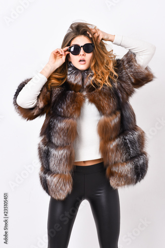 Woman Wear Sunglasses And Hairstyle Posing Mink Or Sable Fur Coat