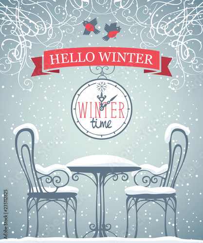 Vector Banner With Words Winter Time On The Clock And Words Hello