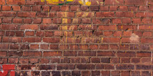 Background Or Brickwork Texture Of Old Vintage Dirty Red Or Brown Brick Wall, Texture. Shabby Building Facade, Abstract Web Banner. Copy Space.
