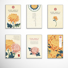 Set Of Six Vertical Business Cards With Chrysanthemum Flowers In Japanese Style. Inscription Autumn Garden Of Chrysanthemums. Embroidery On Backdrop. Place For Your Text.