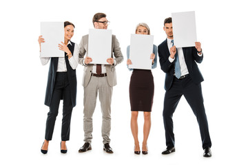 Wall Mural - executive business team holding blank placards isolated on white