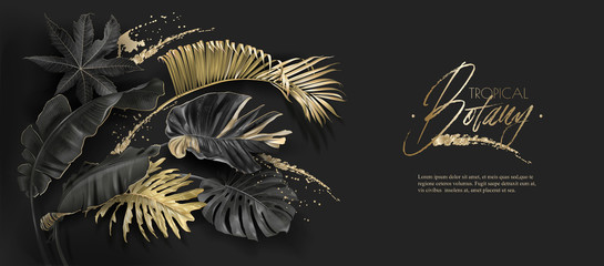 Wall Mural - Tropical leaves black and gold botany banner