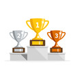 © Belozersky - Winners podium with cups. Prizes for the Champions. Gold, silver and bronze cups. Vector illustration in flat style.
