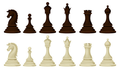 Wall Mural - Flat vector set of wooden chess pieces. Brown and beige figures of strategic board game