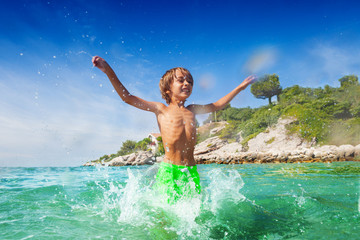 Wall Mural - Cute boy having fun splashing water at the seaside