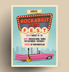 Rockabilly music festival or party or concert promo poster. Flyer template. Vintage vector illustration.