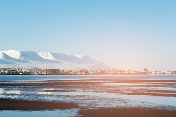 Iceland village winter season with mountain background, natural landscape background