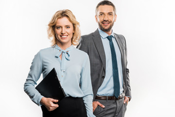 Canvas Print - professional business colleagues in formal wear standing together and smiling at camera isolated on white