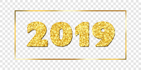 Wall Mural - Happy New year card. Gold number 2019, isolated white transparent background. Golden texture Christmas glitter design. Holiday celebration, decoration, greeting banner. Vector illustration