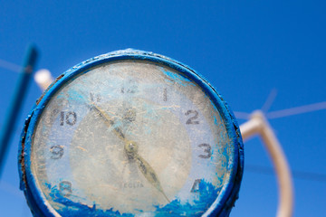 Close up of the blue clock.