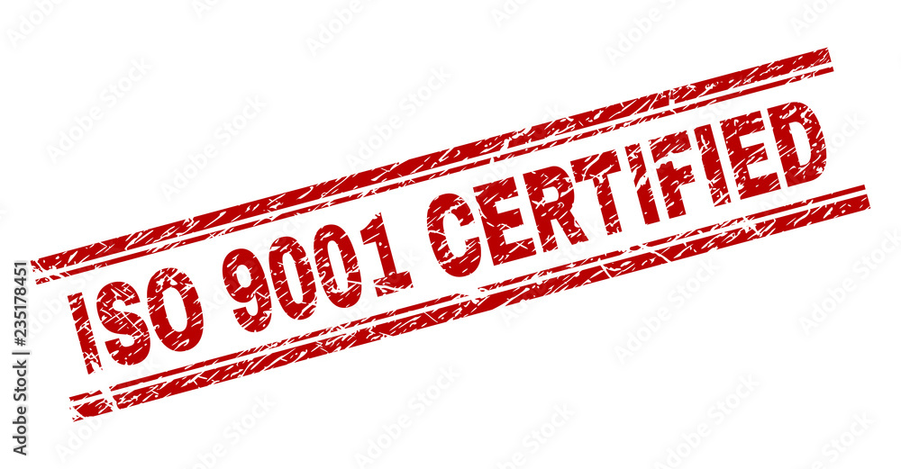 ISO 9001 CERTIFIED seal watermark with grunge texture. Red vector ...