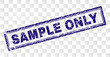 SAMPLE ONLY stamp seal print with scratched style and double framed rectangle shape. Stamp is placed on a transparent background. Blue vector rubber print of SAMPLE ONLY tag with scratched texture.