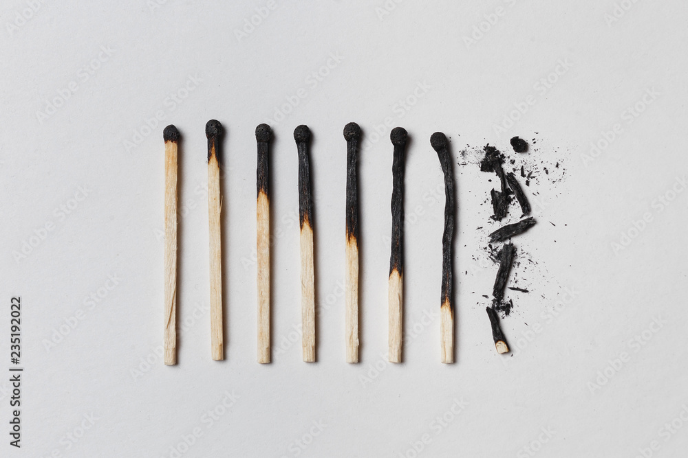 Concept of patience. A row of burnt matches, from left to right, from almost a whole match to a completely burnt match to the dust. - obrazy, fototapety, plakaty 