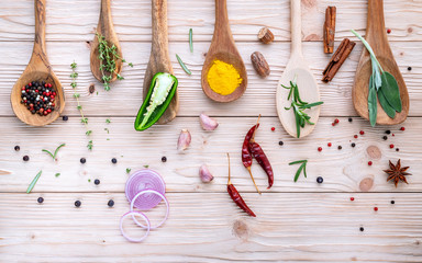 Wall Mural - Various of spices and herbs in wooden spoons. Flat lay spices ingredients chili ,peppercorn, rosemarry, thyme,star anise ,sage leaves and sweet basil on shabby wooden.