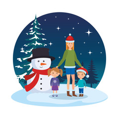 Wall Mural - mother and kids with christmas clothes in snowscape