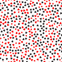 Wall Mural - Poker card suit seamless pattern background. Black spades and clubs. Red hearts and diamonds singns. Abstract vector backround.