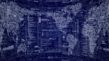World map and technological HUD elements.Seamless loop rotating animation.Futuristic heads up display with code text and infographic elements.Blue