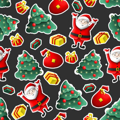  pattern with illustration of santa bag with gifts. Christmas trees with decorations balls and garlands, lights. Winter snow. Use for background, invitations, greetings, cards