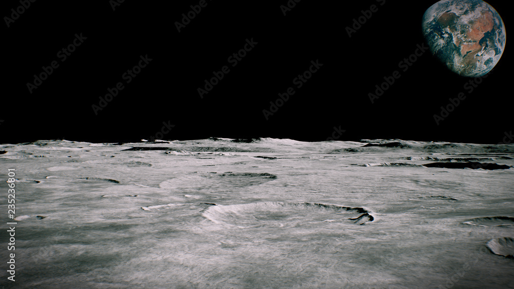Surface of the Moon landscape. Flying over the Moon surface. Close up view. 3D Rendering - obrazy, fototapety, plakaty 