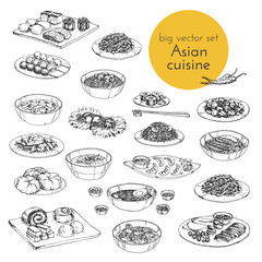 vector hand drawn black and white illustration with a set of asian dishes . japanese, chinese and ko