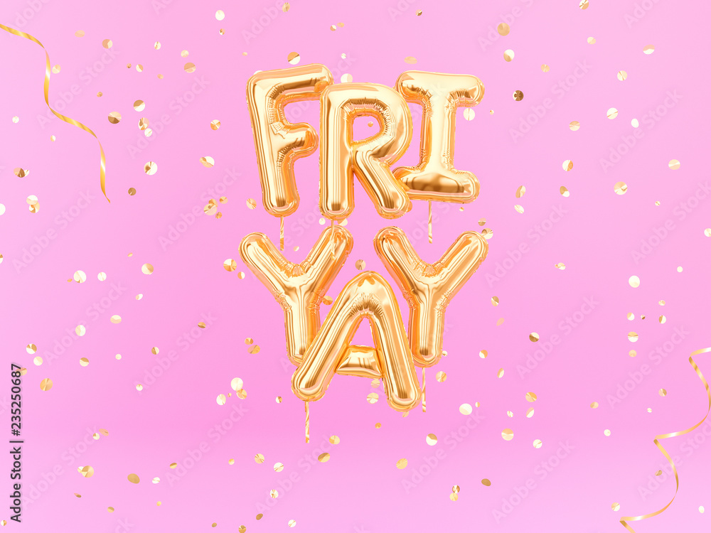 FriYay text sign letters with golden confetti. Friday celebration banner. 3d rendering - obrazy, fototapety, plakaty 